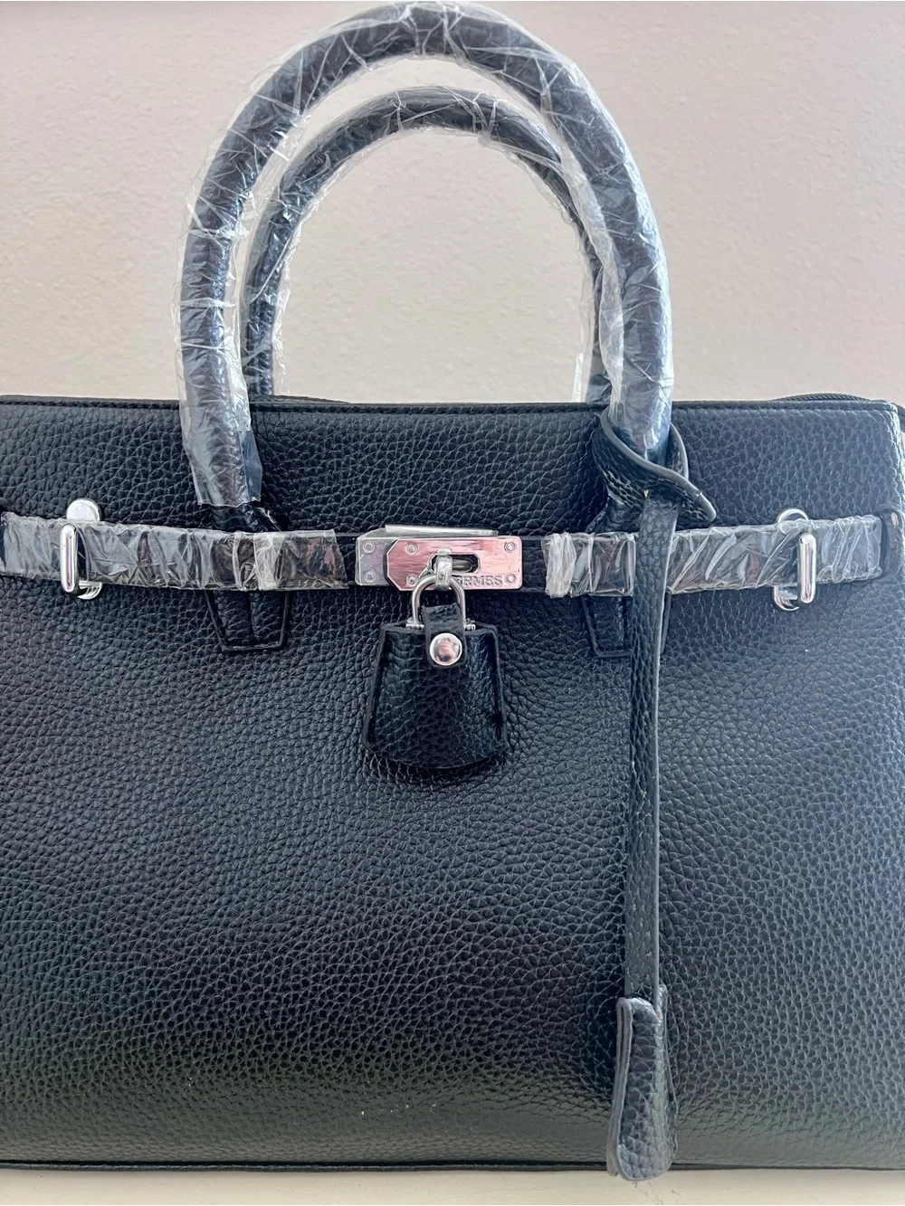 New Black Pebbled Leather Structured Satchel Handbag | Silver Lock Accent Tote